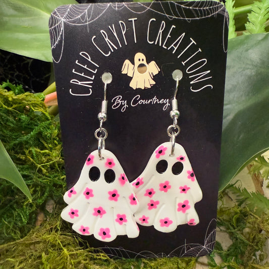 Pink Flower Ghost Earrings