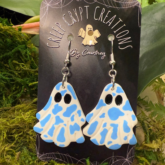 Blue Cow Print Ghost Earrings